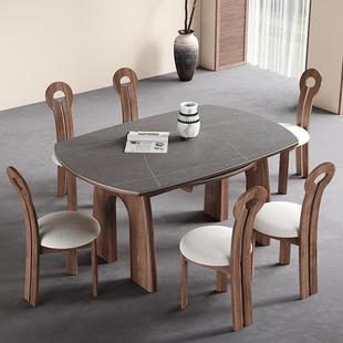 中古风胡桃色实木岩板可伸缩折叠餐桌法式小户形方可变圆功能饭桌