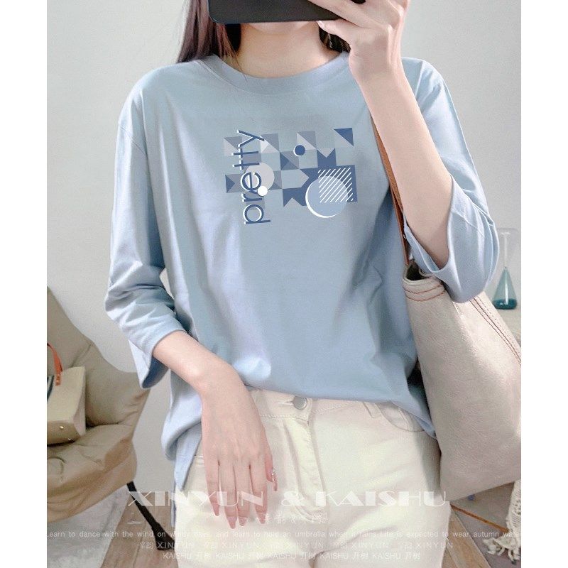 小众纯棉七分袖T恤女夏季中袖上衣薄款春秋宽松圆领休闲设计感