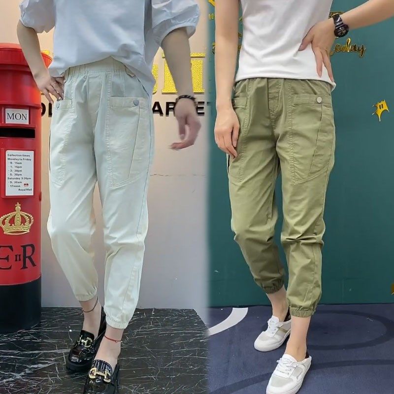 2024夏季新款水洗棉休闲裤女时尚洋气哈伦裤宽松显瘦灯笼裤运动裤