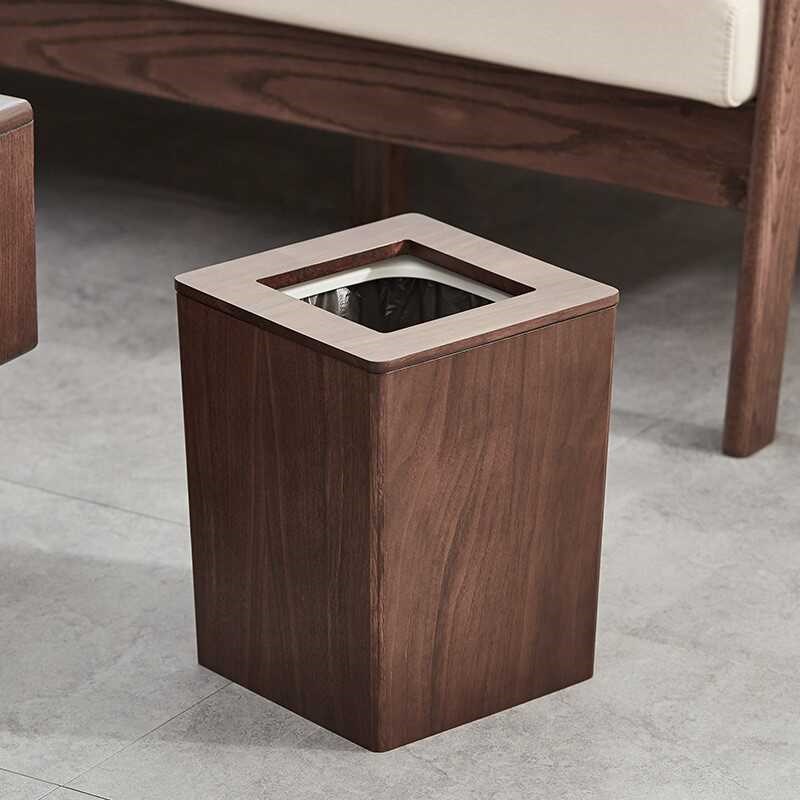新中式实木质垃圾桶家用客厅轻奢卧室厨房大容量办公室创意收纳筒