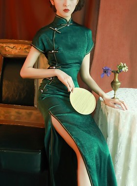 改良旗袍绿色修身高开叉长款女复古中国风老上海日常生活装连衣裙