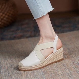 女真皮2024夏季 坡跟草编渔夫鞋 新款 中空高跟鞋 时尚 麻编底包头凉鞋