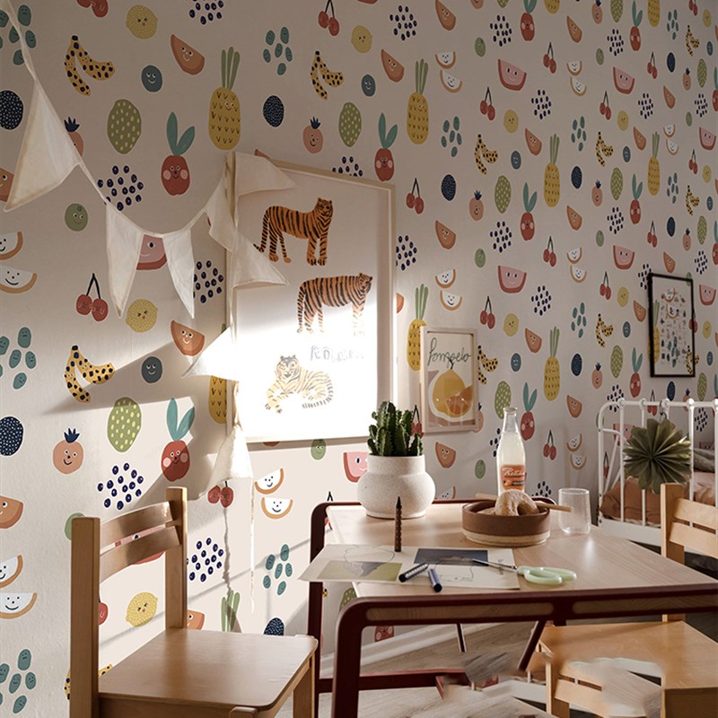 水果印花儿童房墙纸卧室背景墙壁纸北欧风餐厅墙布无纺布定制壁布