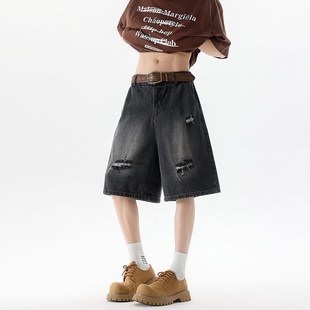 复古破洞牛仔短裤 衩阔腿休闲5分裤 男夏季 直筒宽松大裤 五分裤 美式