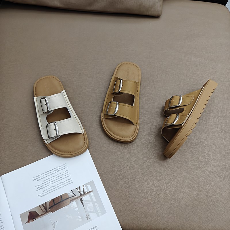 踩屎感真皮一字拖鞋女外穿2025夏季韩版百搭皮带扣平底休闲拖鞋女