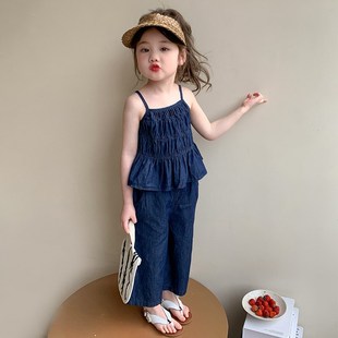 薄款 2025新款 女宝宝牛仔吊带阔腿裤 两件套夏装 女童夏季 儿童装 套装