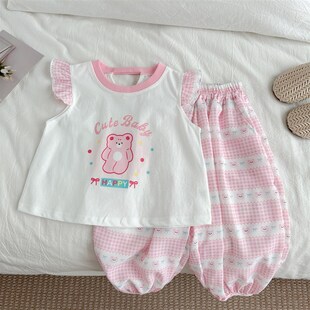 夏季 女宝宝夏装 无袖 中小童可爱卡通防蚊裤 T恤两件套 薄款 女童套装