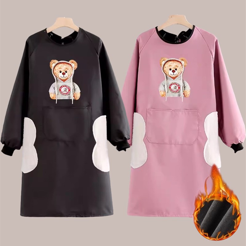 长袖围裙可擦手厨房家用防水防油加绒加厚时尚罩衣女反穿衣秋冬季