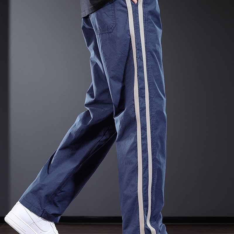 测边条纹休闲裤男夏季薄款个性设计感宽松直筒长裤潮牌蓝色男裤子