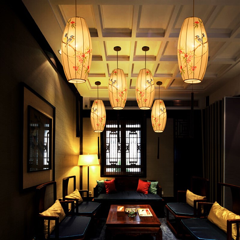 新中式吊灯现代简约中式客厅灯具仿古卧室餐厅茶楼手绘布艺吊灯