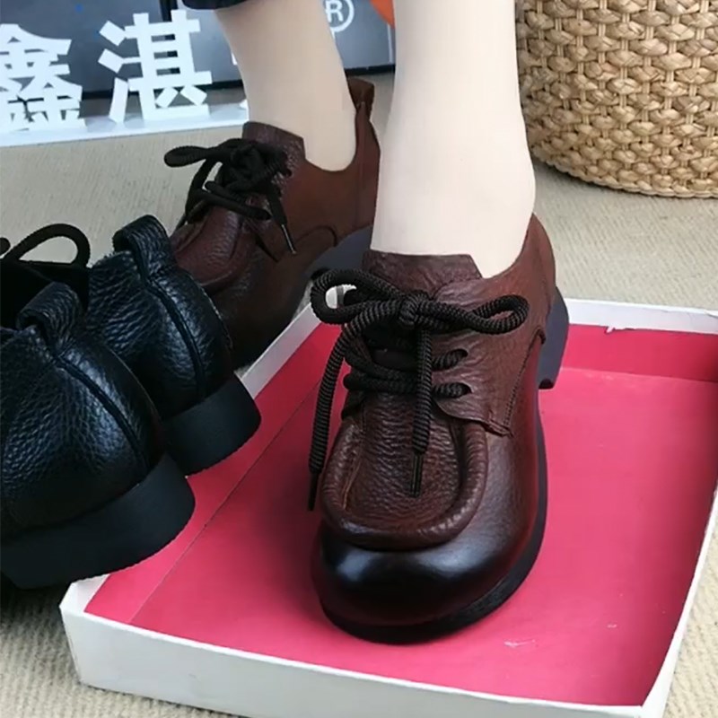 真皮女鞋2024年春秋季新款牛皮圆头粗跟低跟单鞋系带妈妈鞋小皮鞋