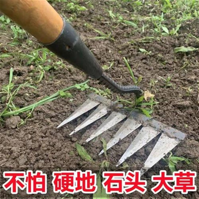 除草神器连根农用铁耙子六齿锄头 新款锰钢耙子开荒松土焊接钉耙