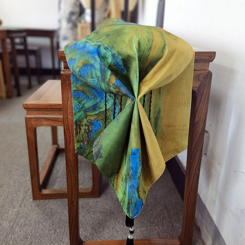 加厚千里江山古琴桌旗盖布琴囊古琴防尘布双层板竹节棉亚麻