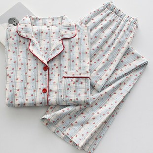 纯棉纱布薄款 家居服套装 长袖 开衫 长裤 甜美碎花格纹睡衣女春夏季