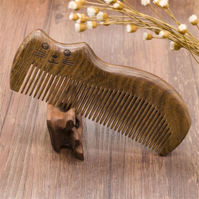 喵喵梳可爱头梳动物木梳天然黑檀木中号大号梳长发护发梳子木质梳