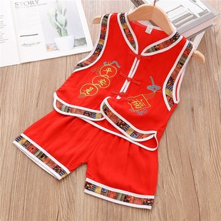 中国风男童百岁服周岁礼服 2021夏天男宝宝唐装 婴儿背心短裤 套装