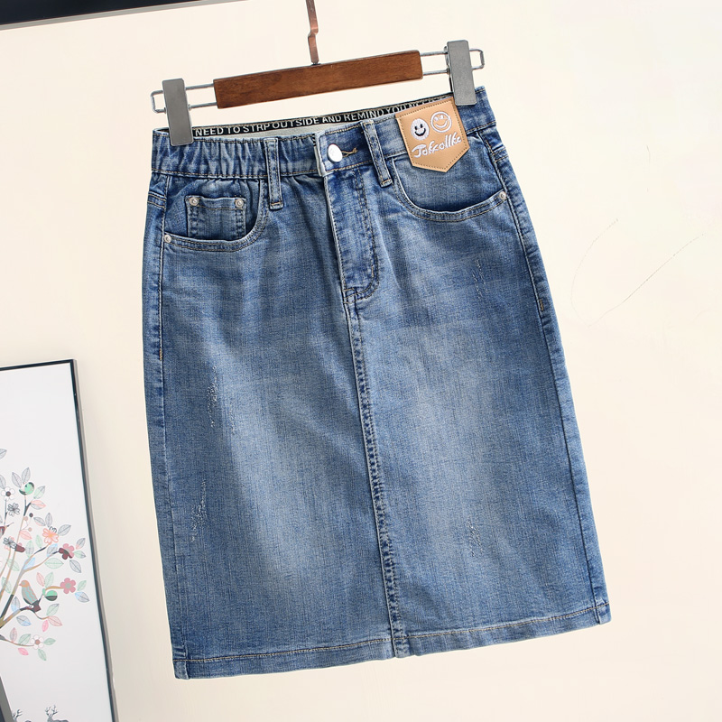 牛仔半身裙女2021夏新款韩版百搭时尚松紧腰弹力显瘦后开叉包臀裙