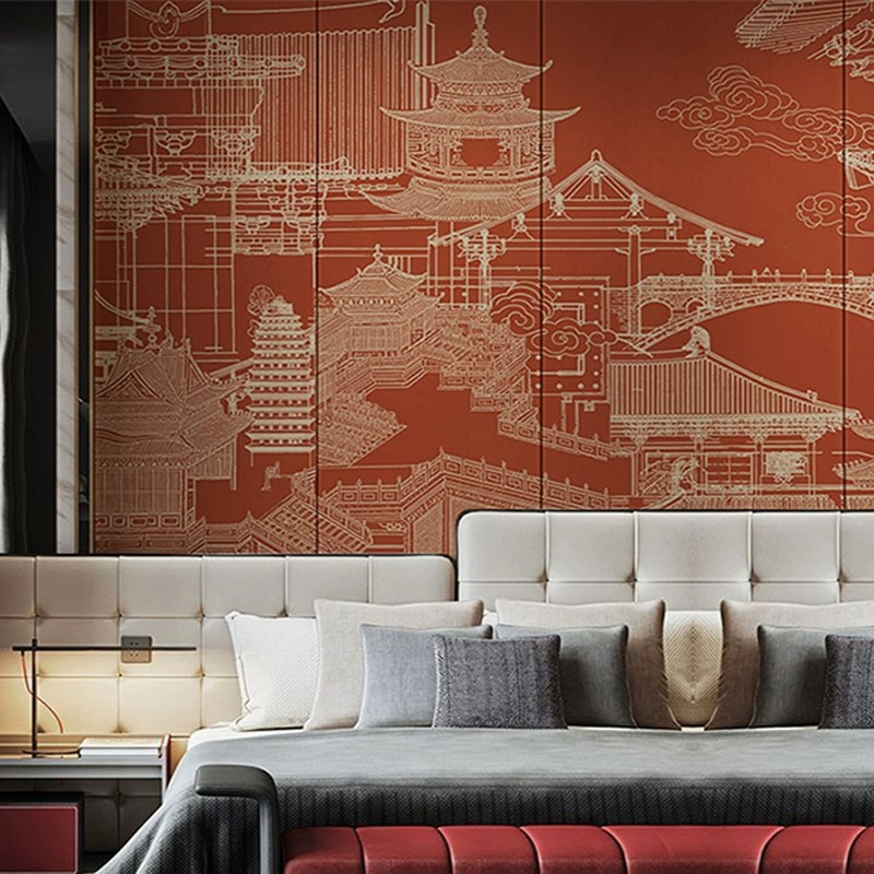 新中式意境阁楼客厅背景墙壁布书房卧室环保定制立体浮雕高端壁画