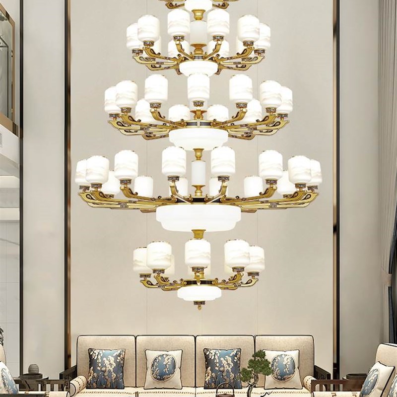 复式楼别墅中空客厅大吊灯新中式楼中楼挑空跃层锌合金五层灯具