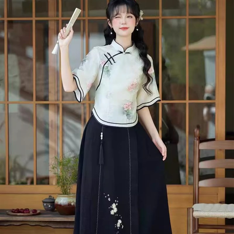 新中式国风套装女夏季高级感改良旗袍日常可穿上衣半身裙两件套装