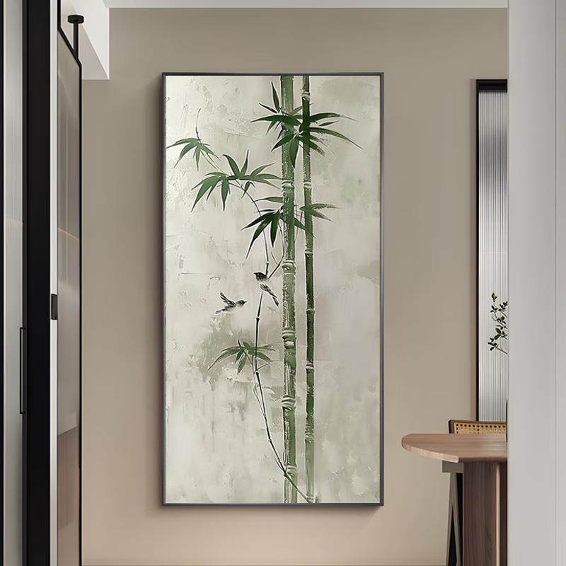 纯手绘油画竹子客厅茶室装饰画家居玄关新中式艺术画落地摆件花鸟