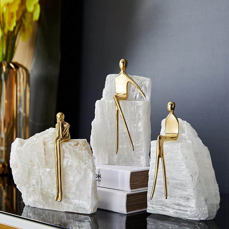 轻奢现代 软装样板房间客厅书房桌面摆件 新中式石头铜人创意摆设