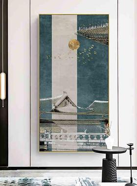 艳阳飞雁 新中式禅意玄关装饰画竖款走廊过道挂画古建筑蓝色壁画