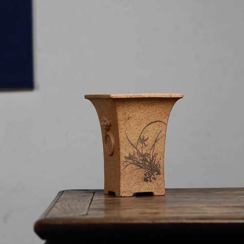 精品紫砂兰花盆唯珍手工刻绘柴烧透气春兰寒兰绿云植物桌面中国风