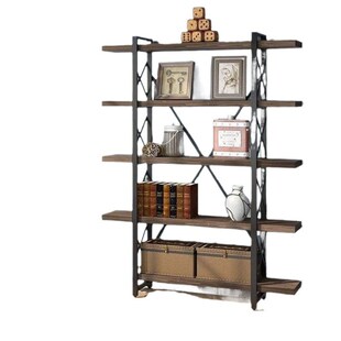 AL复古置物架落地式书架客厅花架铁艺收纳架实木搁板展示架