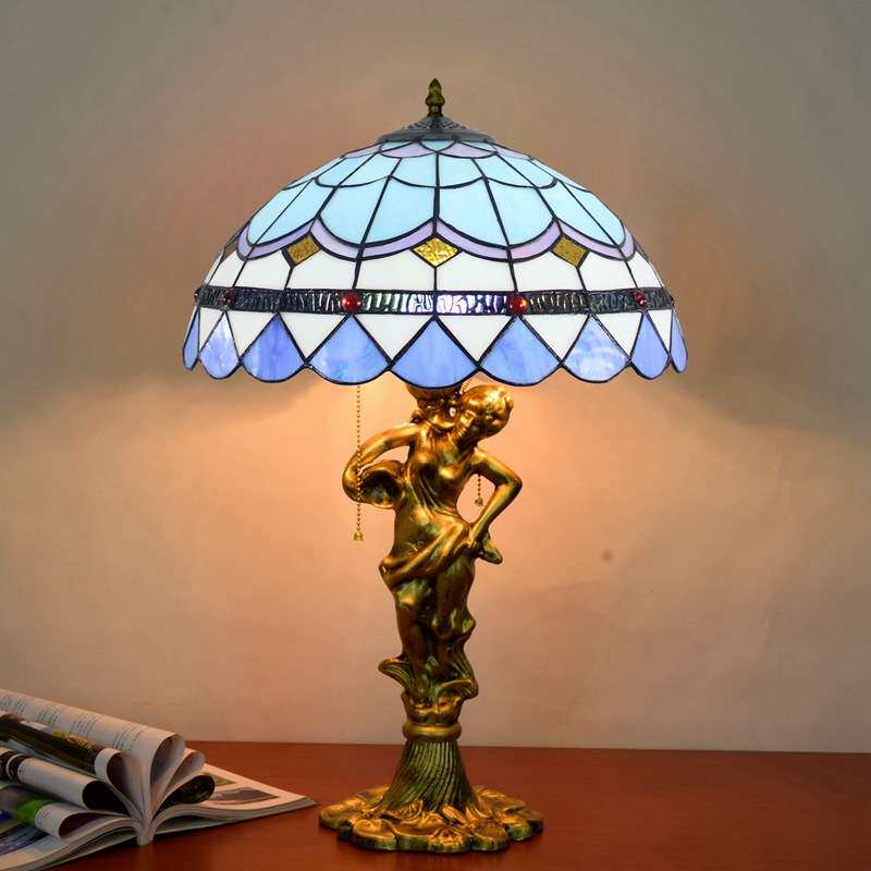 40CM欧琈蒂凡尼蓝色地中海彩色玻璃客厅餐厅卧室床头美女合金台灯