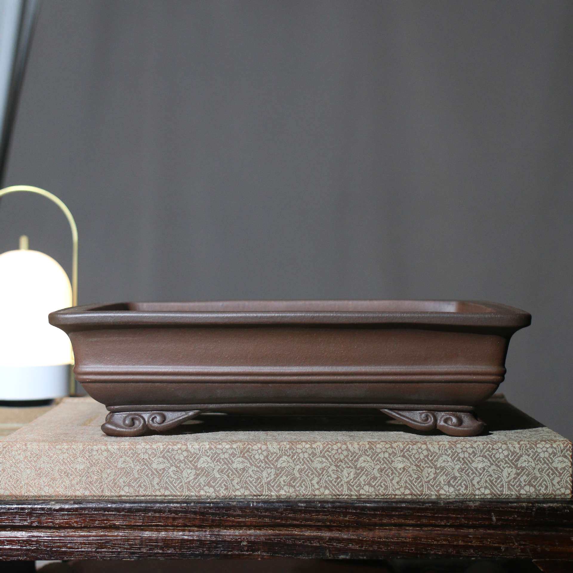 宜兴紫砂花盆中线云足长方手工盆景盆老紫泥青灰泥树桩梅桩专用