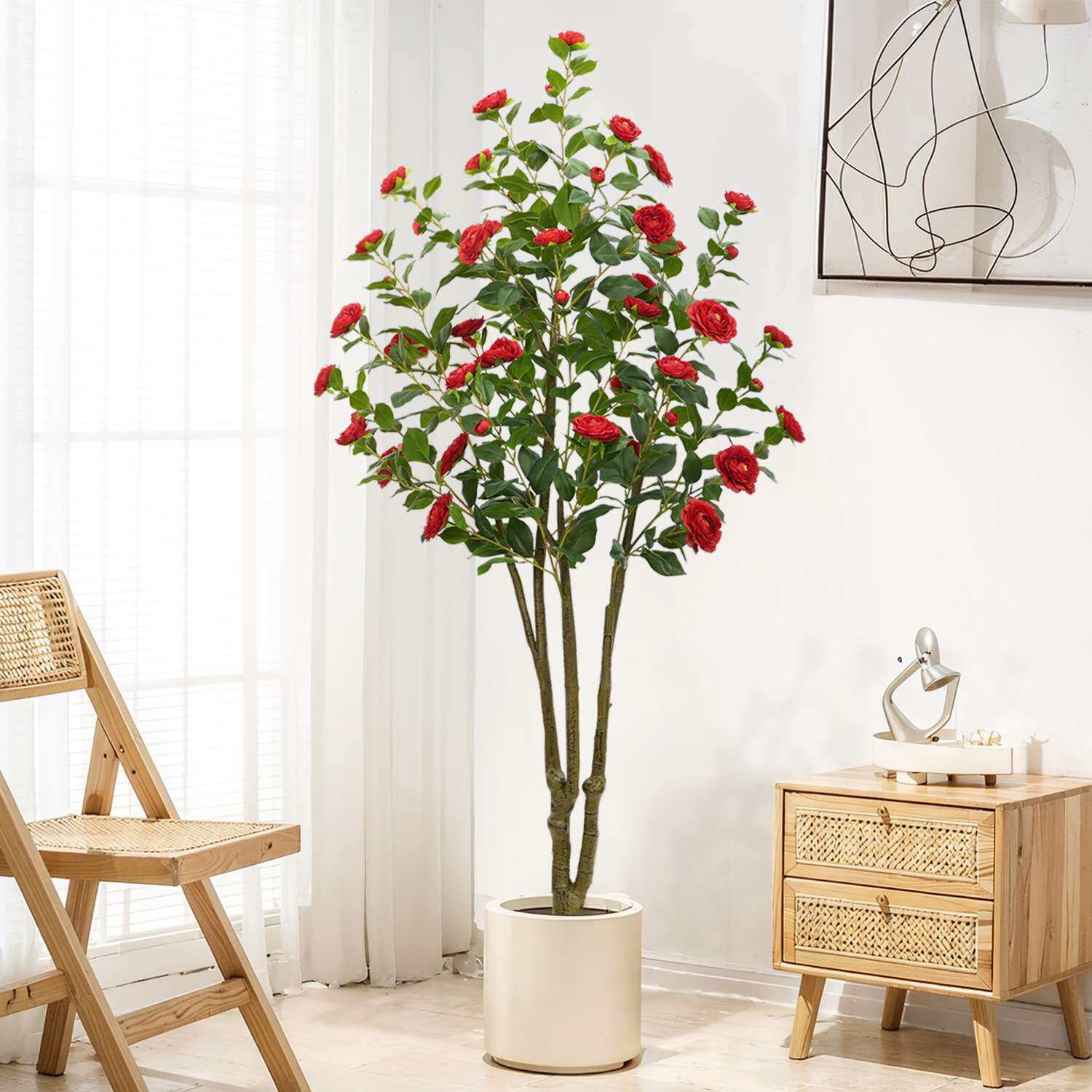 亚马逊大型仿真绿植山茶花树家居落地装饰假花植物盆栽摆件