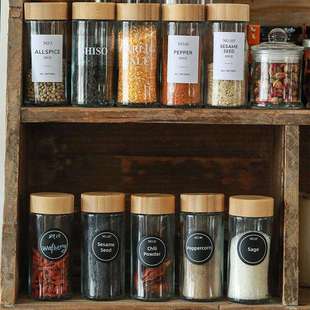 跨境透明圆形玻璃瓶家用厨房竹盖盐辣椒粉收纳空瓶储存罐套装