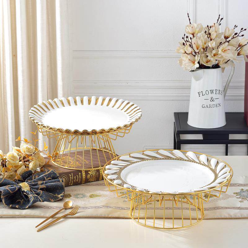 现代简约轻奢金边陶瓷多层铁艺果盘家用客厅三层水果糕点盘