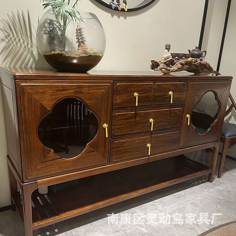 新中式乌金木餐边柜实木玄关柜现代简约储物柜茶水柜餐厅隔断边柜