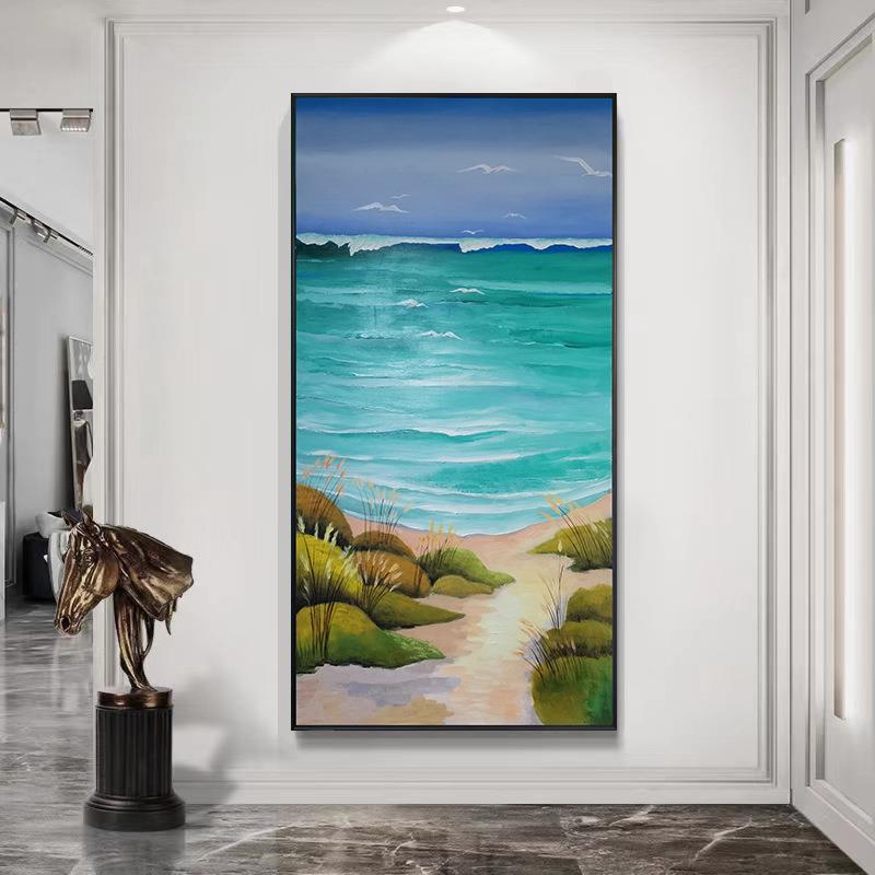 纯手绘海景油画客厅玄关竖款大尺寸装饰画现代简约田园风景挂画