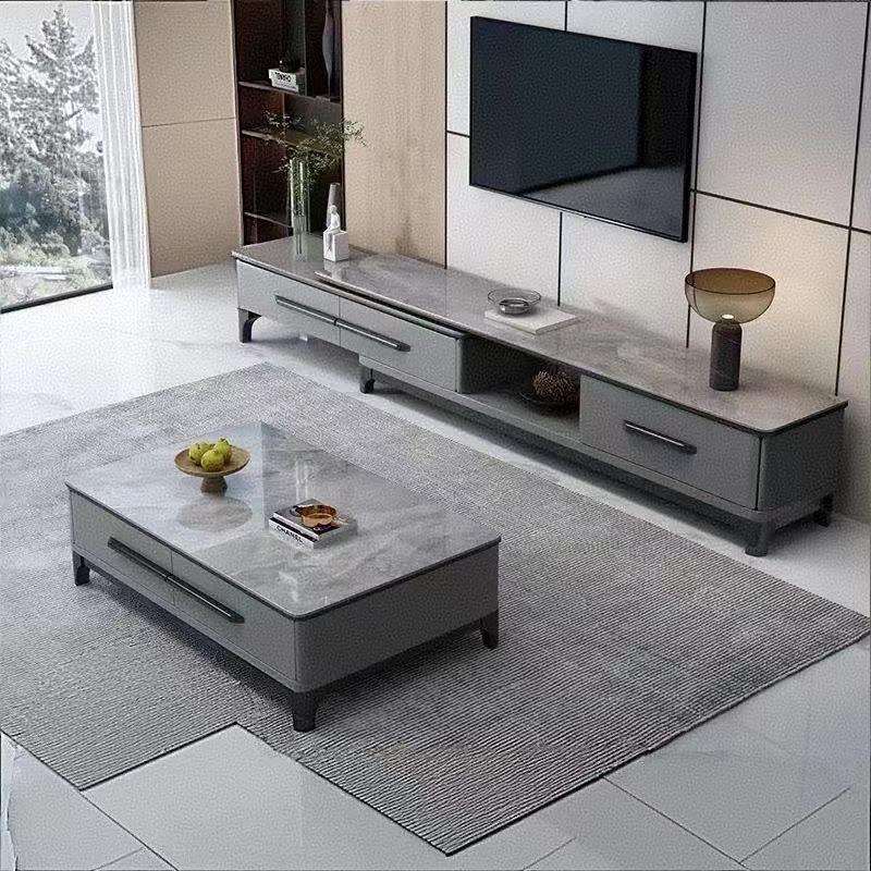 全实木加厚岩板电视柜茶几组合现代简约家用小户型伸缩型客厅地柜