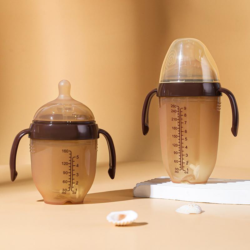 婴儿宝宝防摔超软广口径硅胶断奶仿母乳带手柄吸管小奶瓶便携