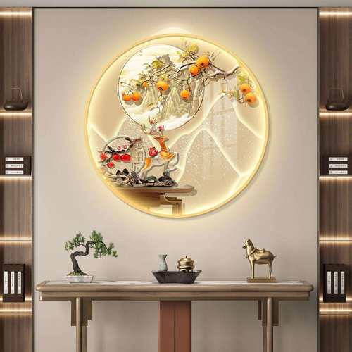 新中式圆形玄关装饰画麋鹿走廊过道LED发光灯画挂画书房茶室壁画