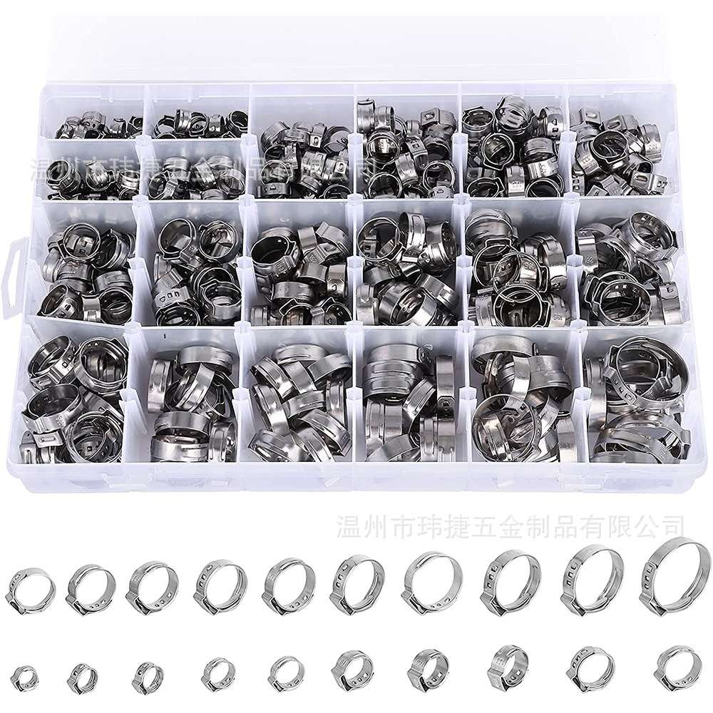 420PCS盒装单耳环箍不锈钢卡箍密封管夹20种规格单耳无极弹性箍圈