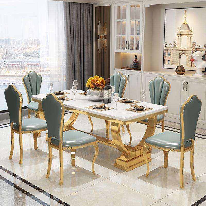 港式不锈钢大理石餐桌椅组合简约现代高档餐厅家用长方形岩板桌子