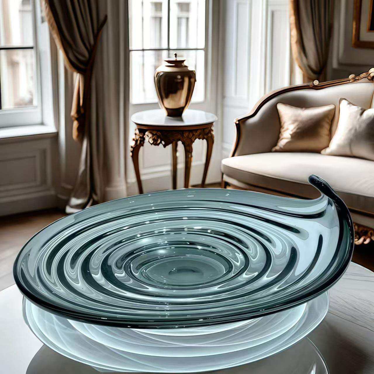 意式极简波纹玻璃果盘摆件现代轻奢售楼处设计师客厅茶几收纳装饰