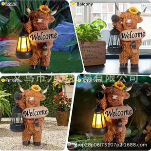 Cow Highland Outdoor Statue Lantern 跨境新品 with Solar