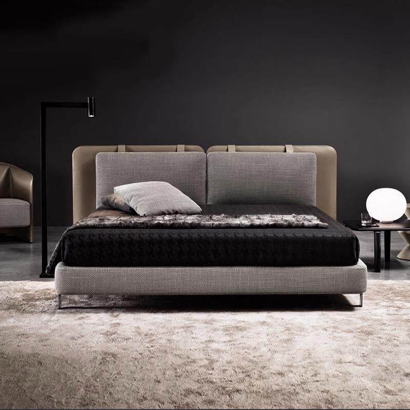 北欧现代主卧马鞍皮双人床意式棉麻布艺床设计师款塔特林背带软床