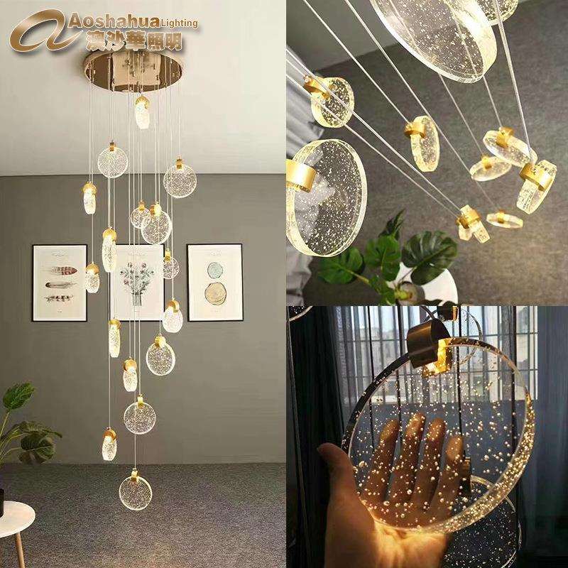 chandelier 复式楼中空中庭旋转楼梯灯 琉璃水晶大吊灯