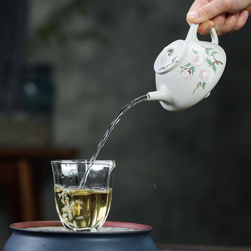 紫砂茶壶宜兴原矿白段泥子冶石瓢壶纯全手工泥绘办公室泡茶壶