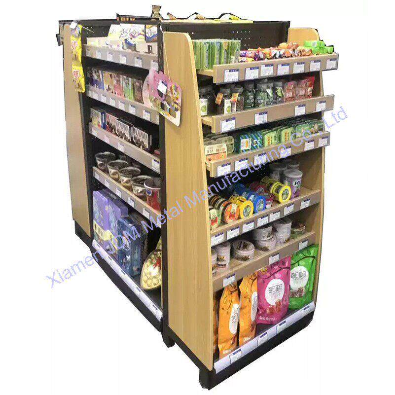 热销黄色超市货架食品架工厂专业生产设计铁质带轮子展示架