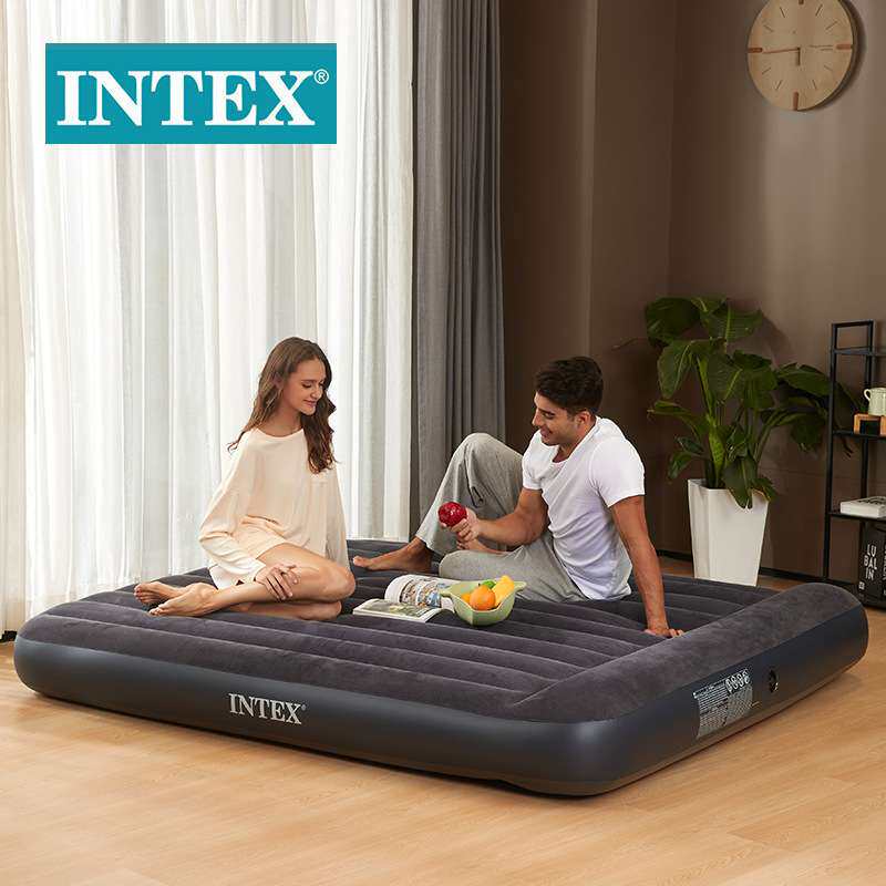INTEX64144黑白内置枕头单层特大线拉空气床植绒野营充气床垫