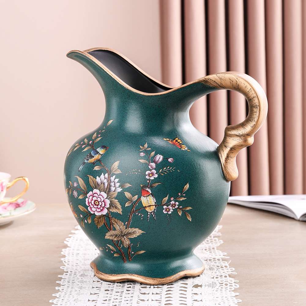 现代清晰田园墨绿陶瓷彩绘中号花瓶水壶插花器客厅酒店装饰工艺品