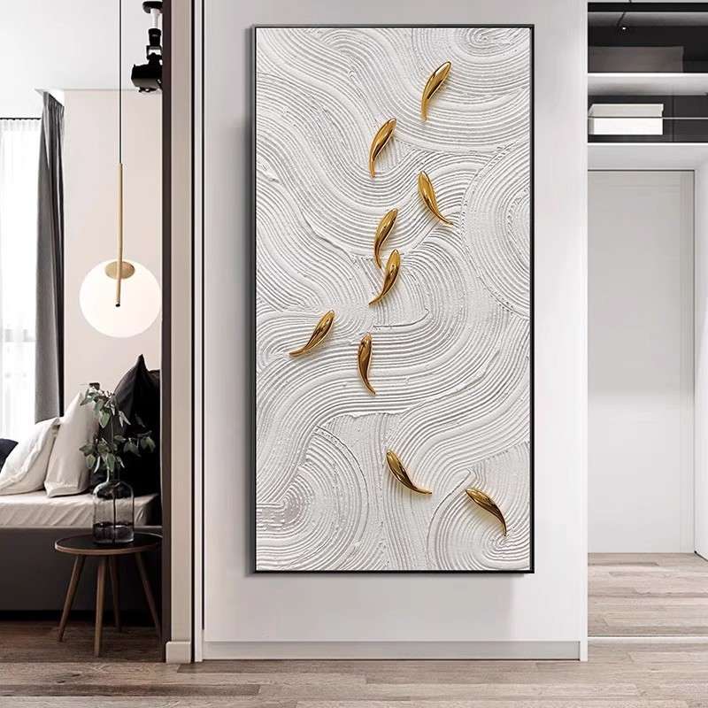 手绘油画轻奢风玄关装饰画竖版走廊壁画大幅九鱼图客厅装饰画挂画